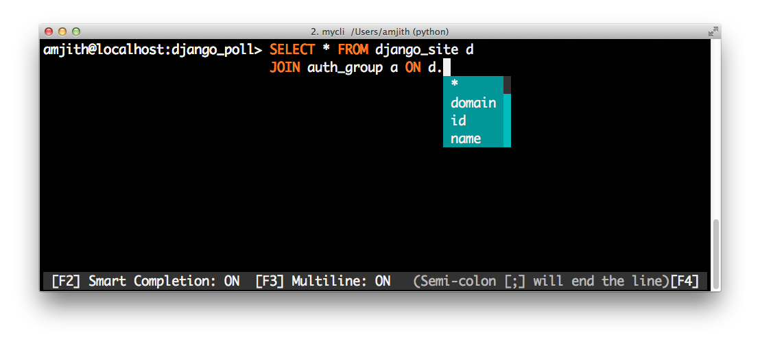 Screenshot of pgcli auto-completion on aliases tables in 'select * from django_site d join auth_group a on d.‸'