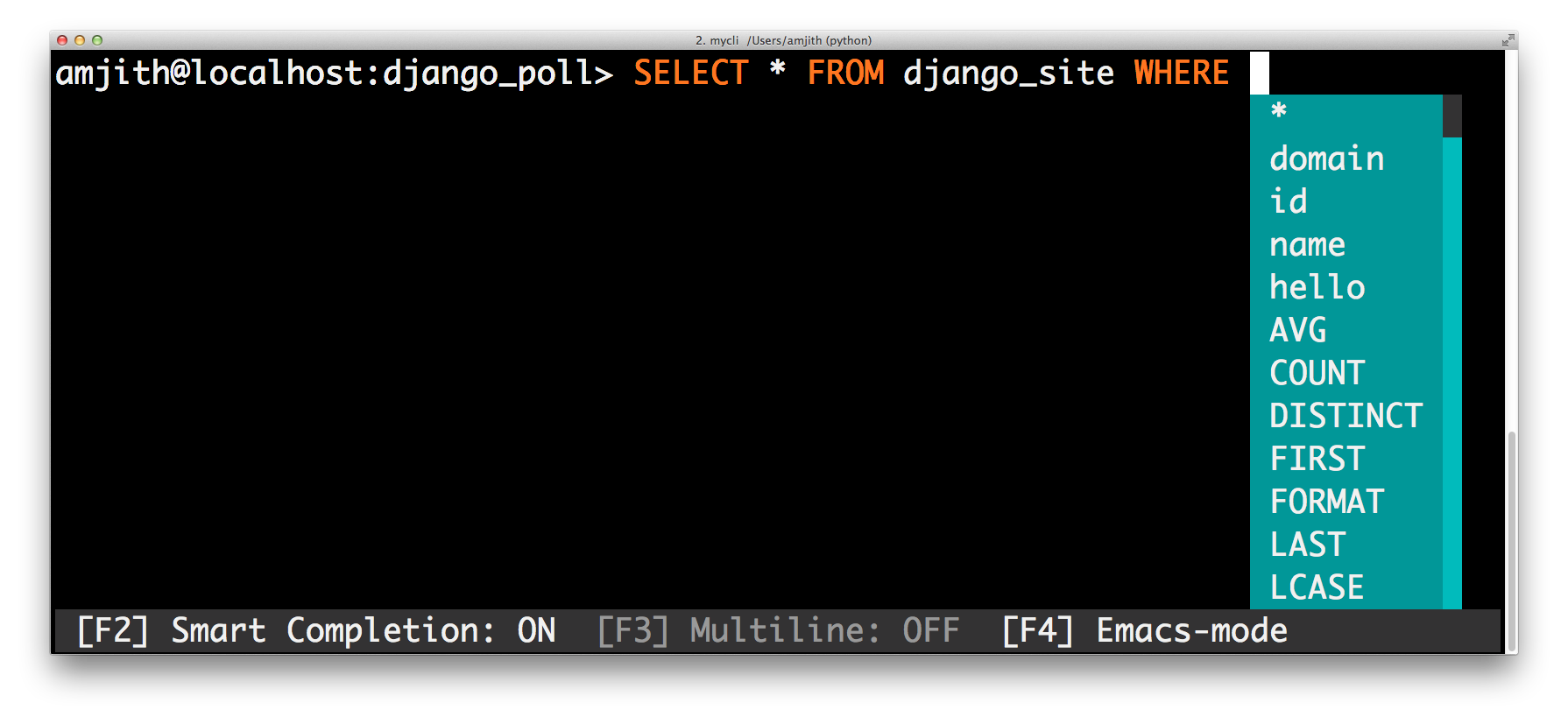 Screenshot of pgcli auto-completion on column names in 'select * from django_site where ‸'
