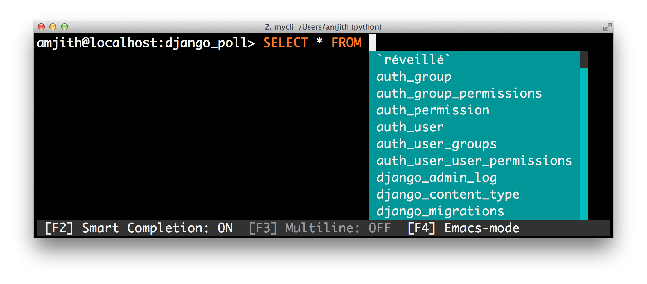 Screenshot of pgcli auto-completion on table names in 'select * from ‸'
