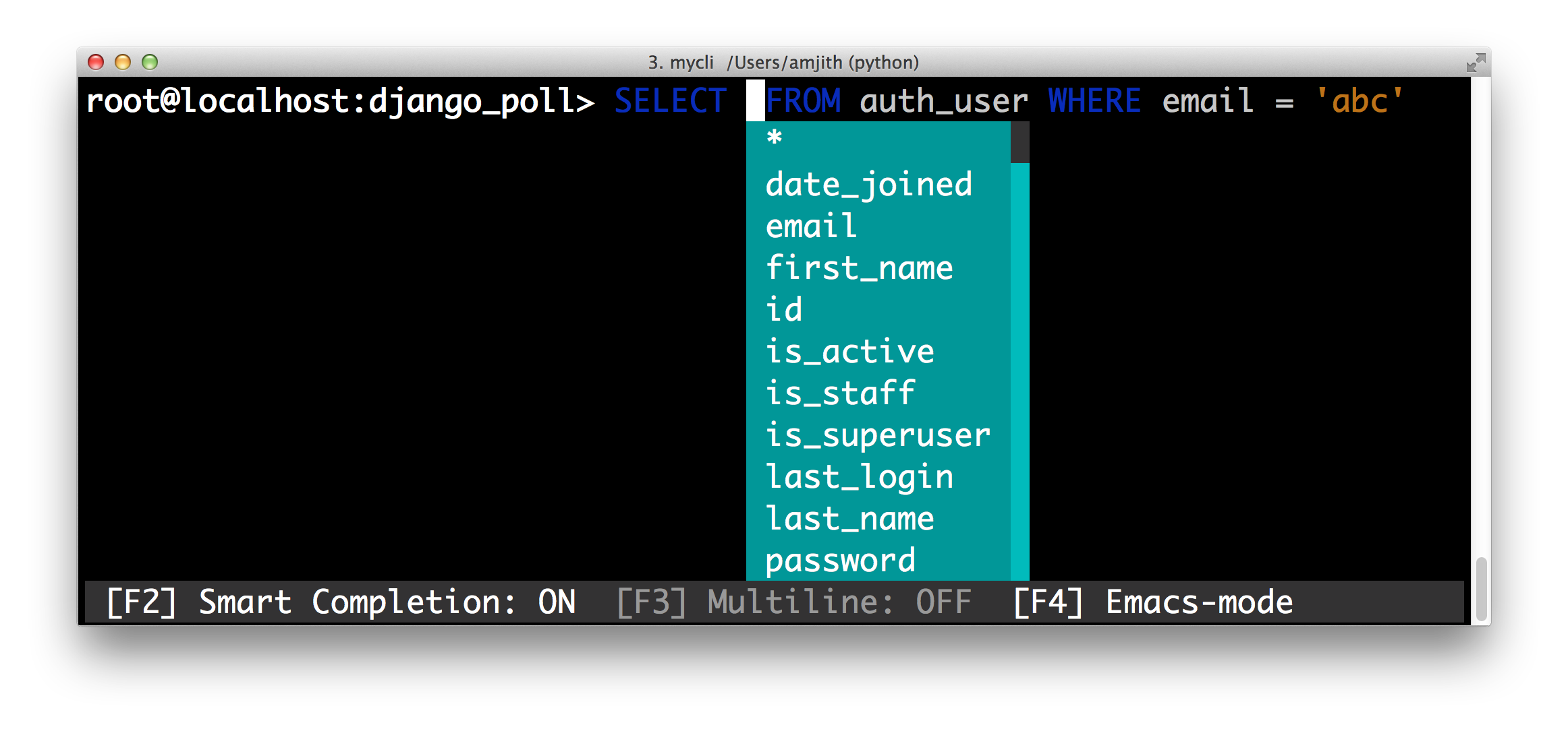screenshot of pgcli with the 'autumn' color theme