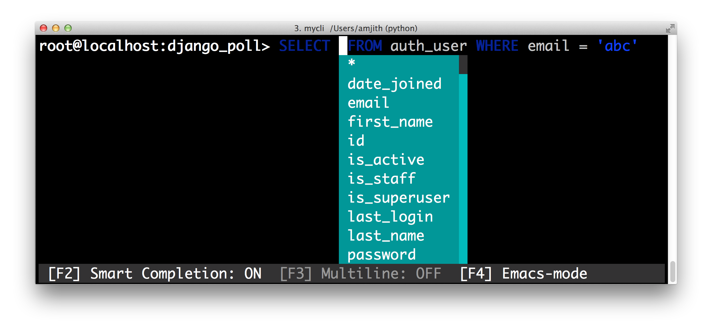 screenshot of pgcli with the 'borland' color theme