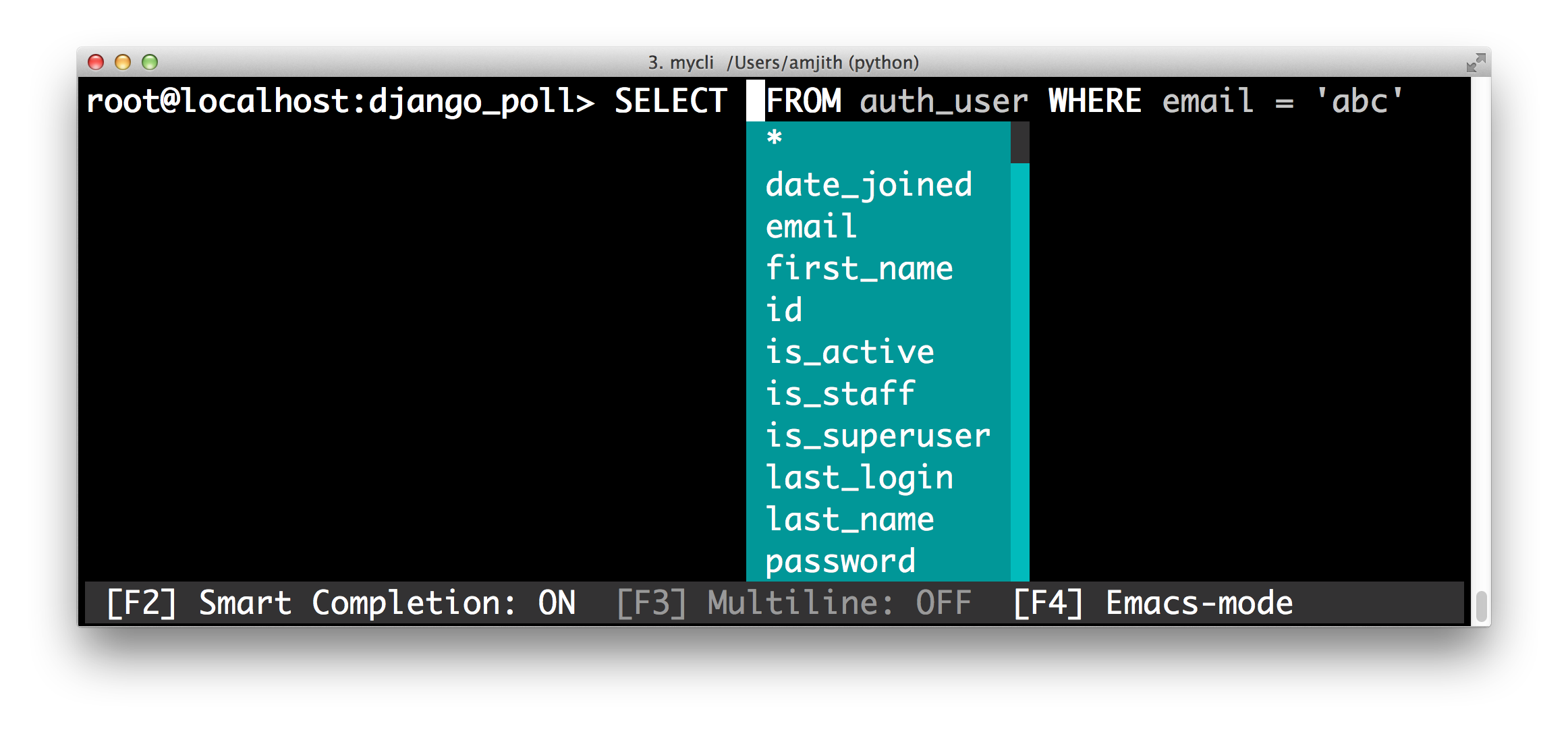 screenshot of pgcli with the 'bw' color theme