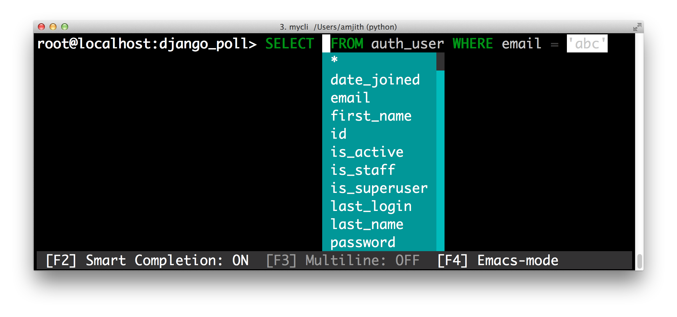 screenshot of pgcli with the 'colorful' color theme