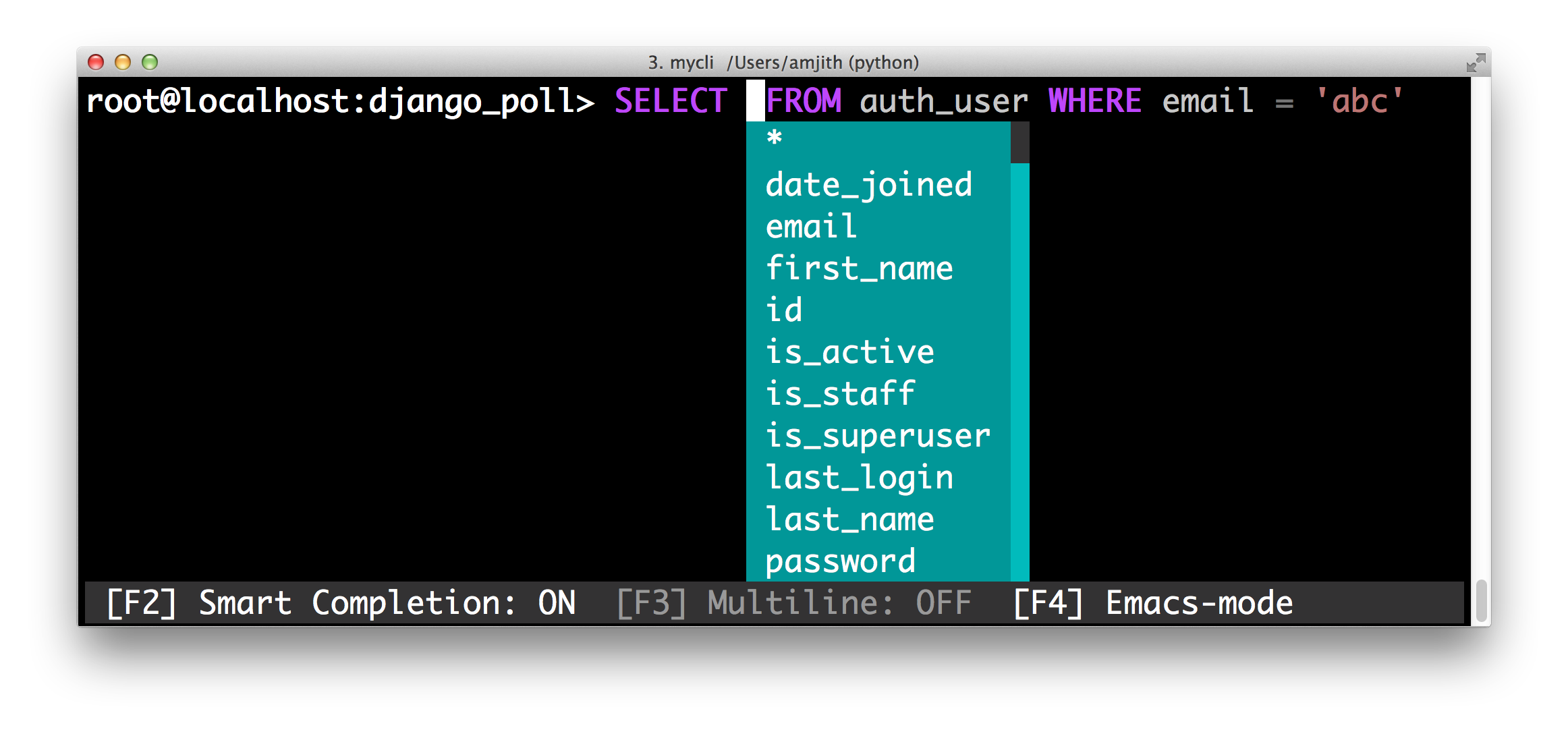 screenshot of pgcli with the 'emacs' color theme