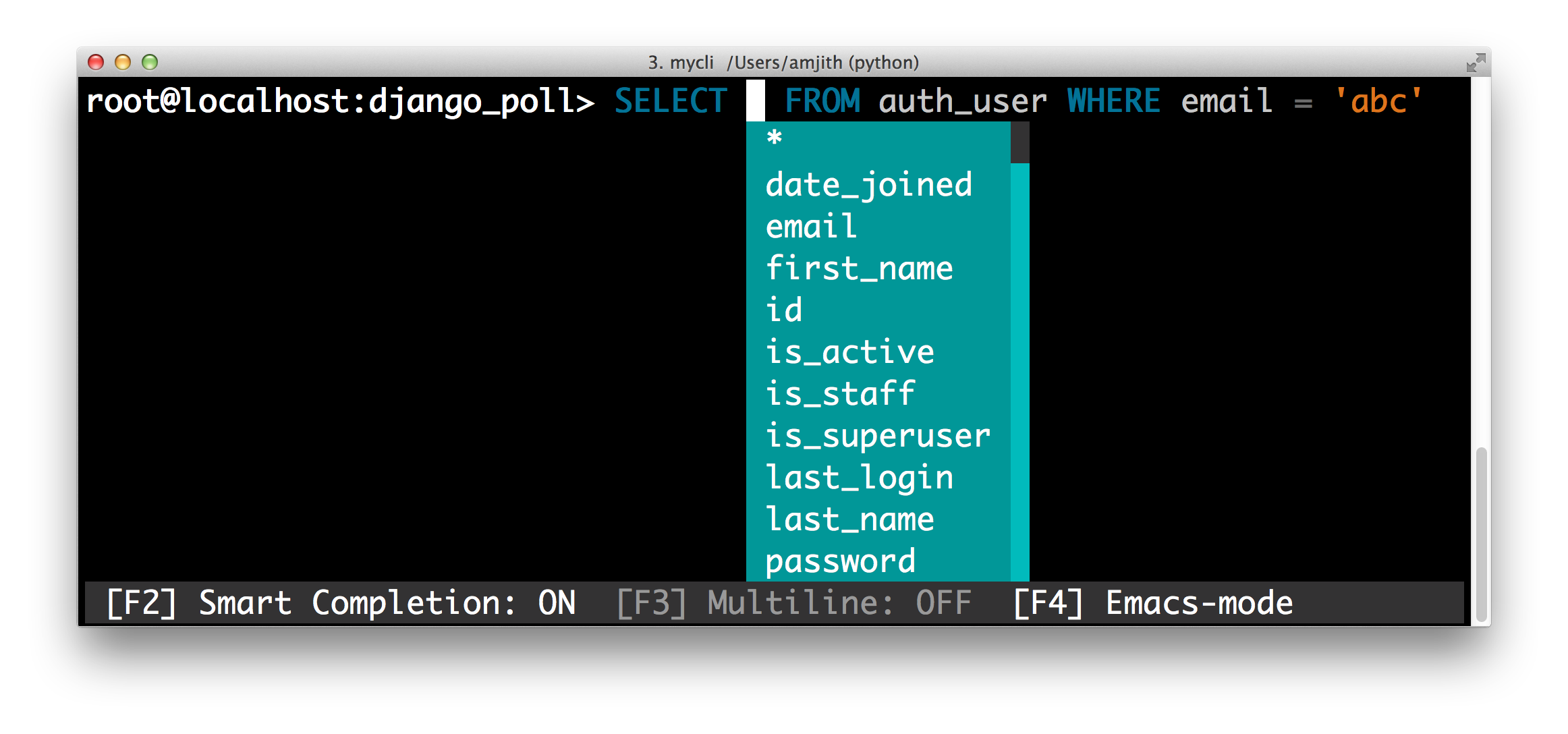 screenshot of pgcli with the 'manni' color theme