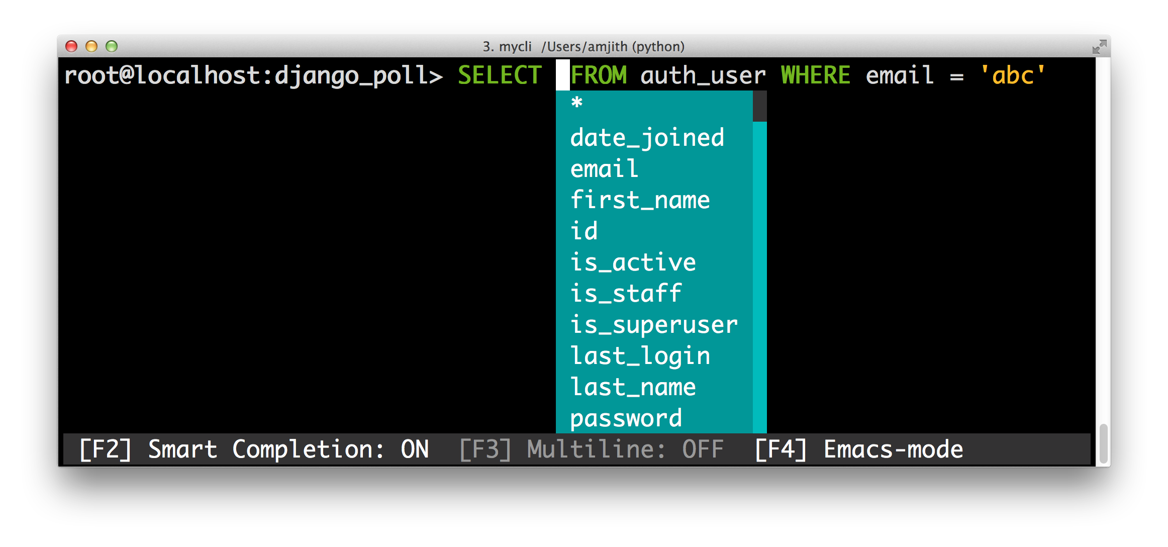 screenshot of pgcli with the 'manni' color theme