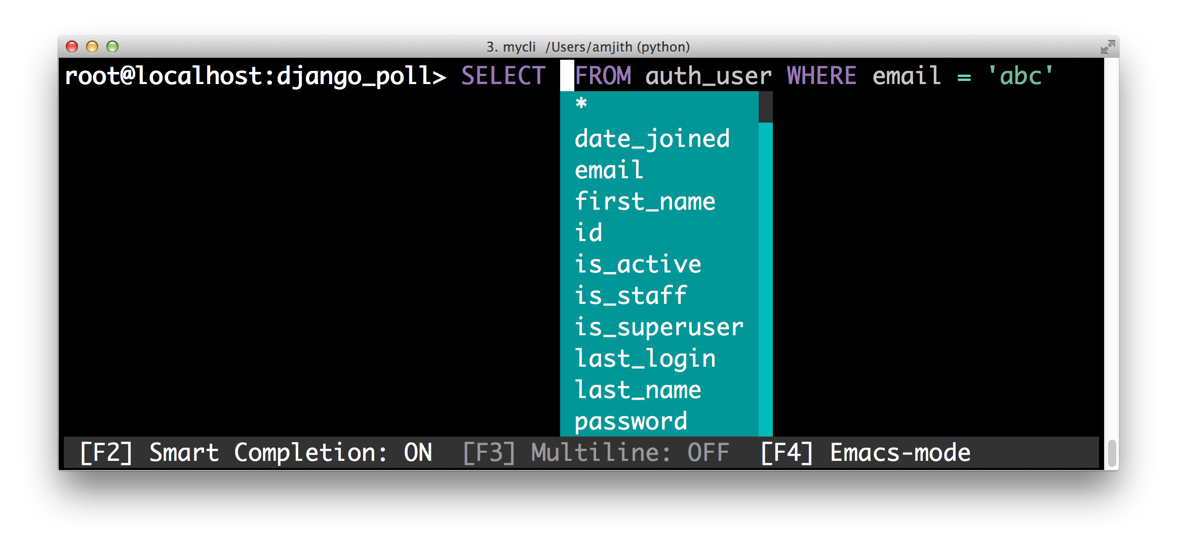 screenshot of pgcli with the 'paraiso-dark' color theme