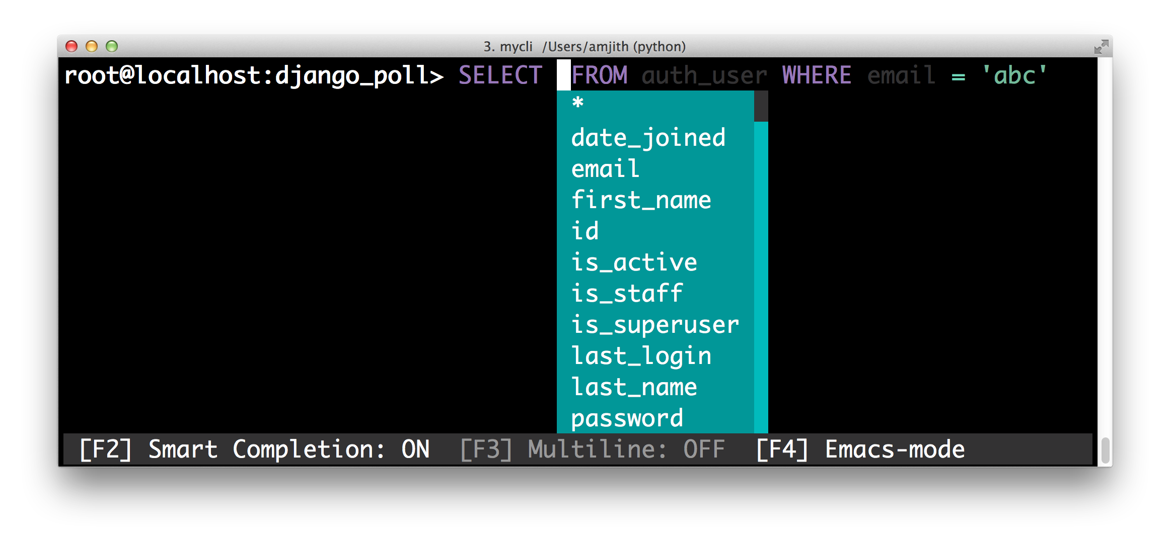 screenshot of pgcli with the 'paraiso-light' color theme