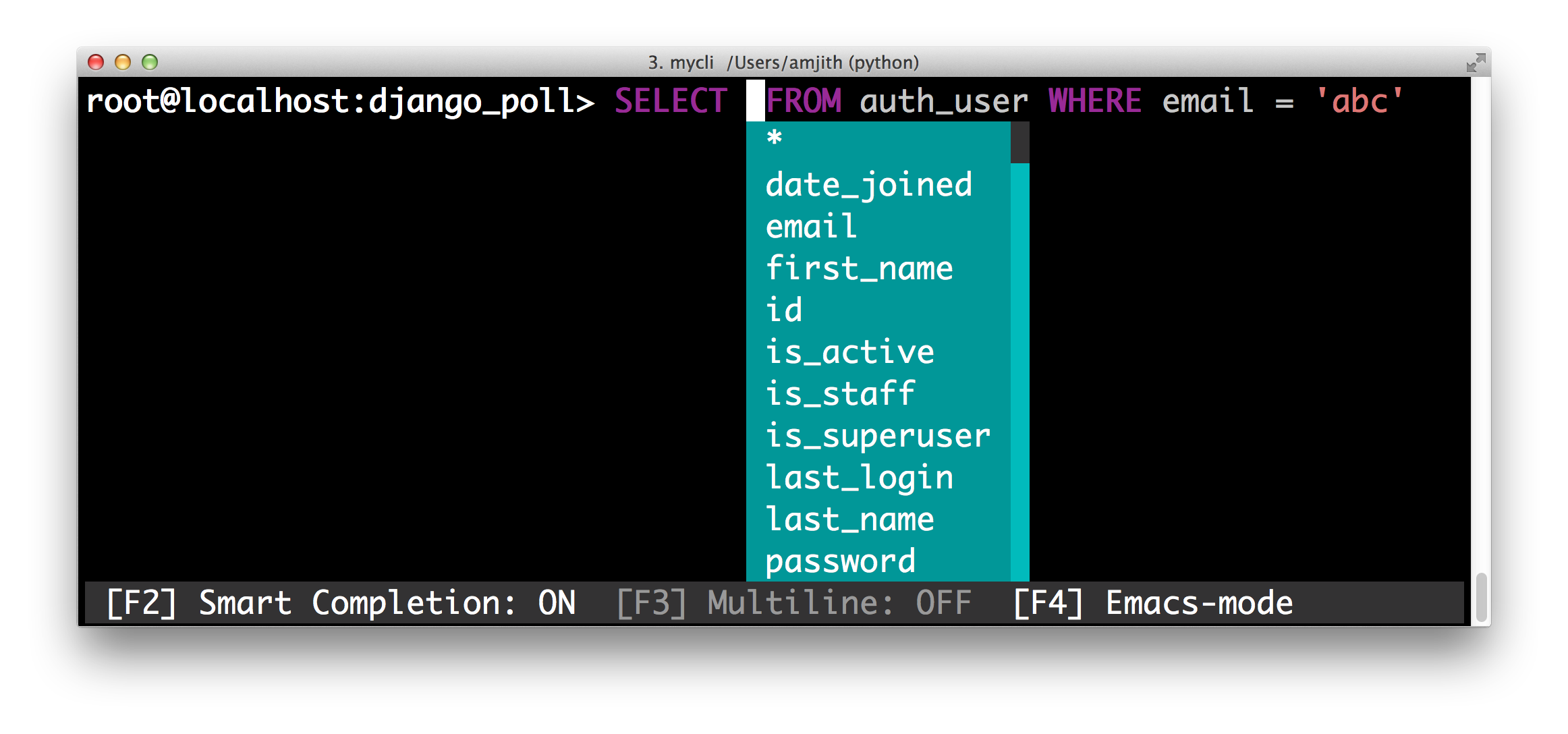 screenshot of pgcli with the 'perldoc' color theme