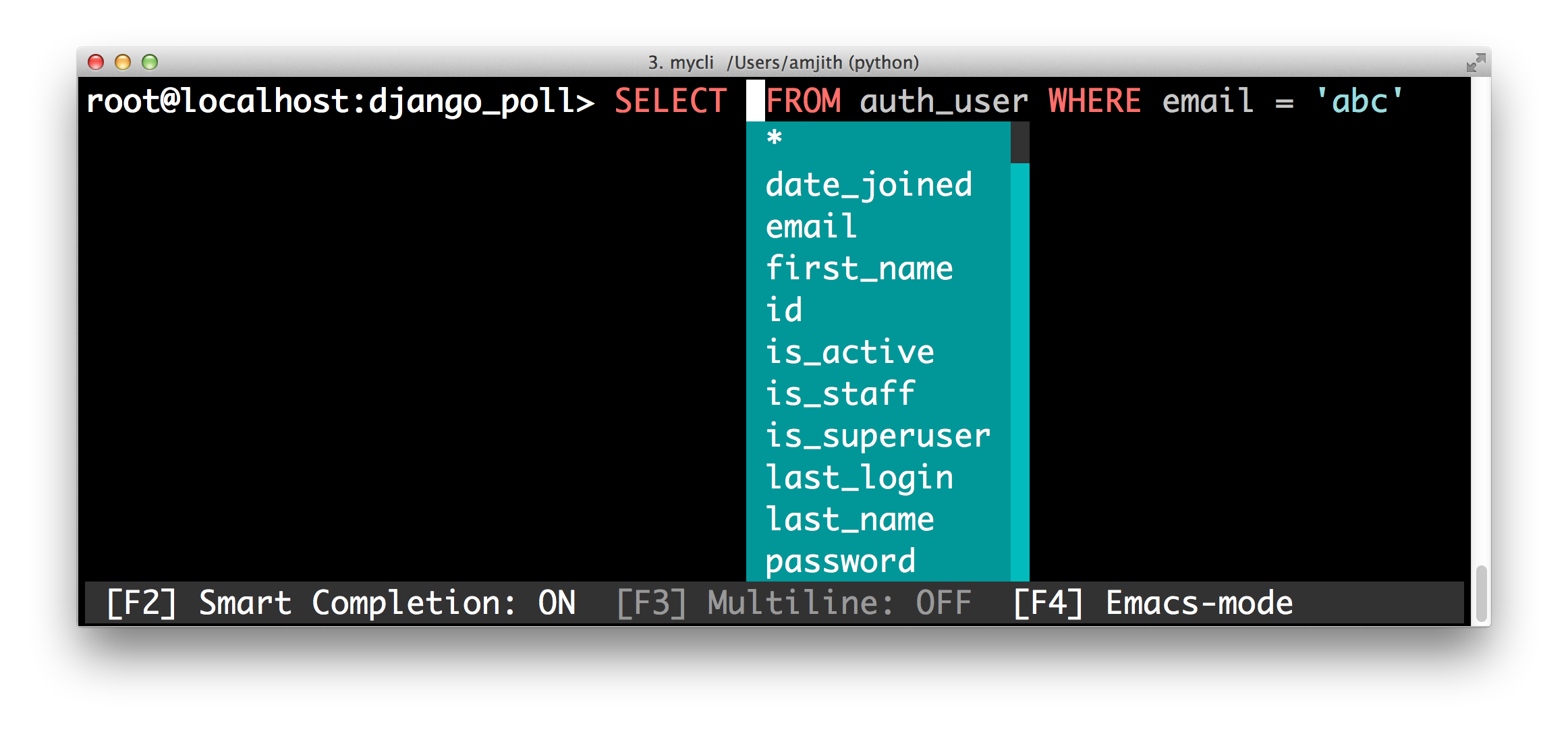 screenshot of pgcli with the 'rrt' color theme