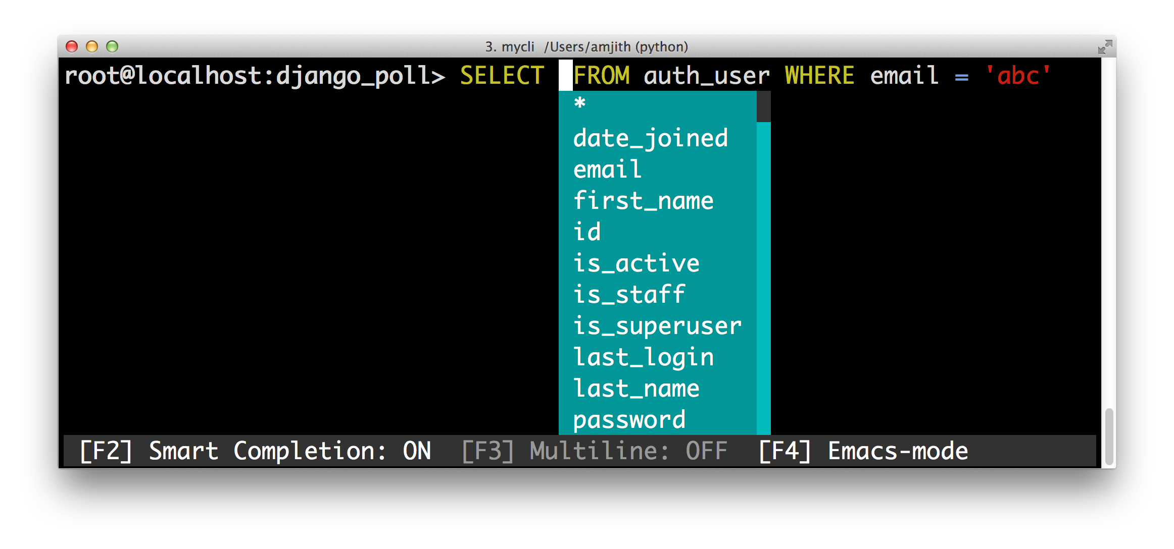 screenshot of pgcli with the 'vim' color theme