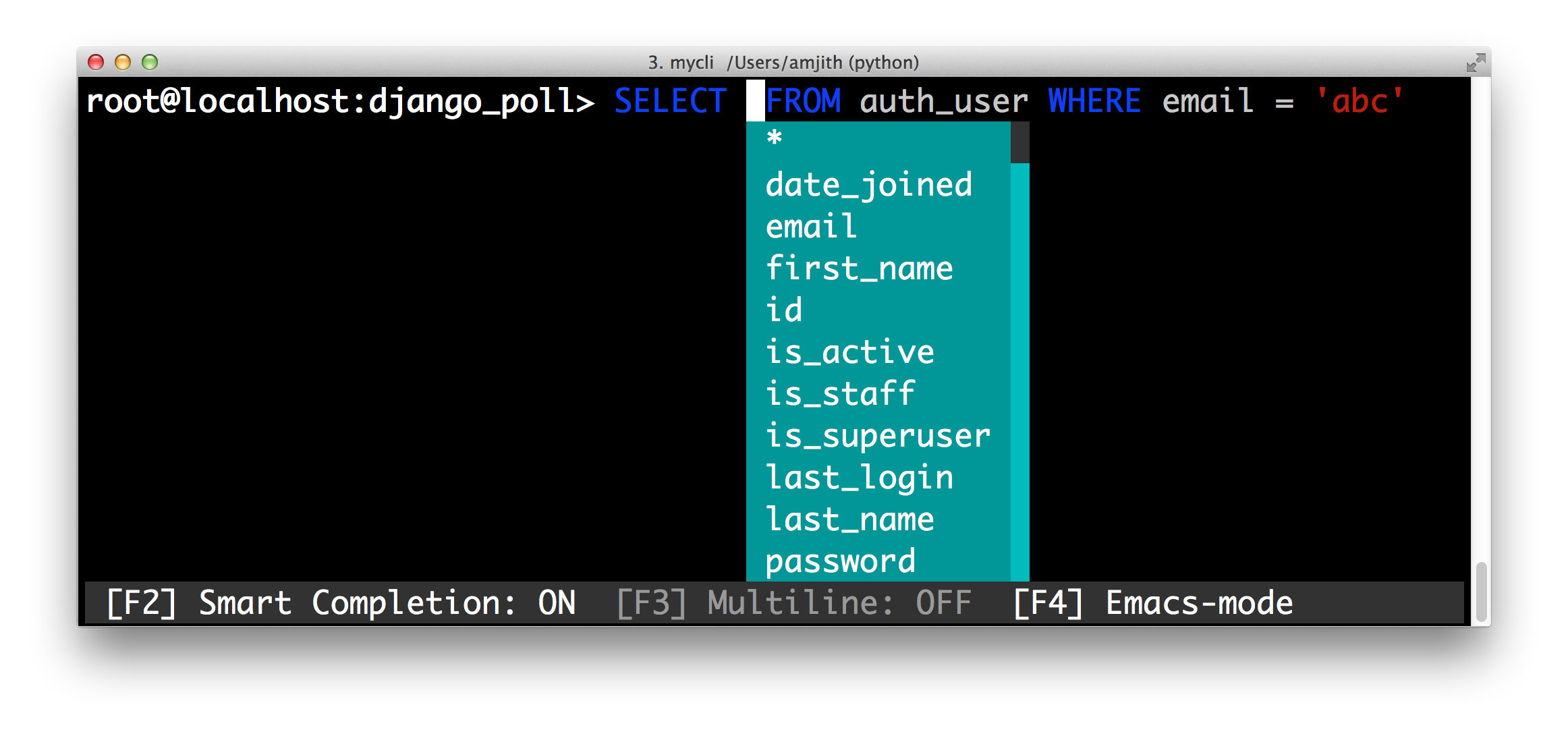 screenshot of pgcli with the 'vs' color theme