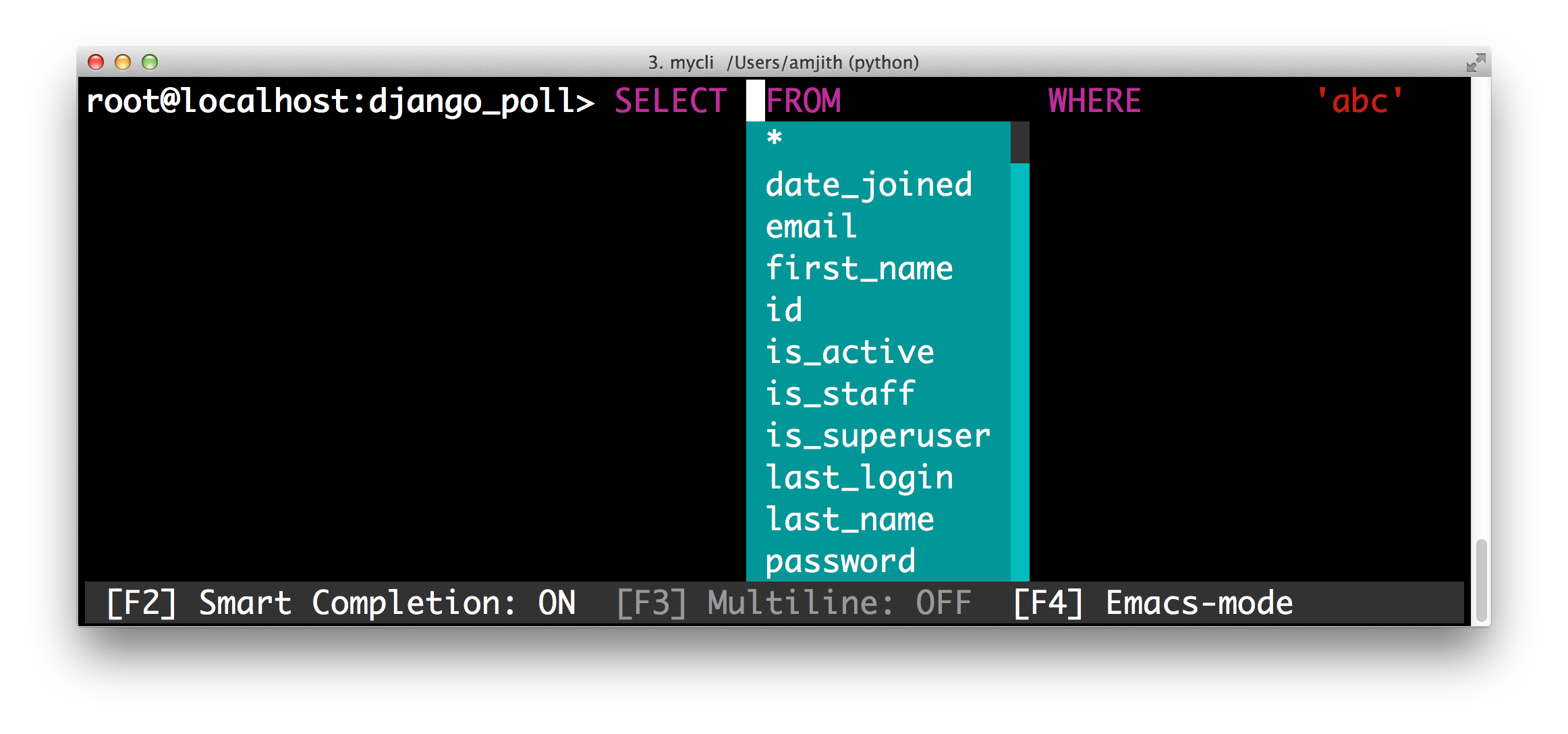 screenshot of pgcli with the 'xcode' color theme